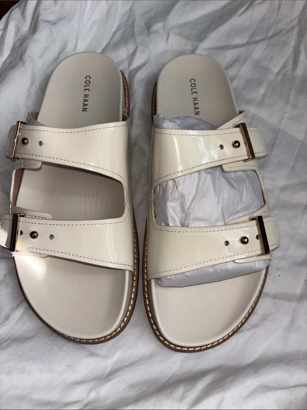 Cole Haan Ivory Patent Double-Buckle Slide Sandals Size 11
